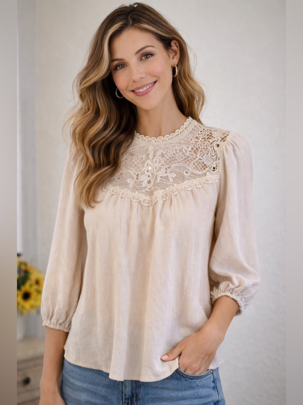 Mine women’s size S Tan 3/4 Length Sleeves Linen Blouse With Crochet Accent